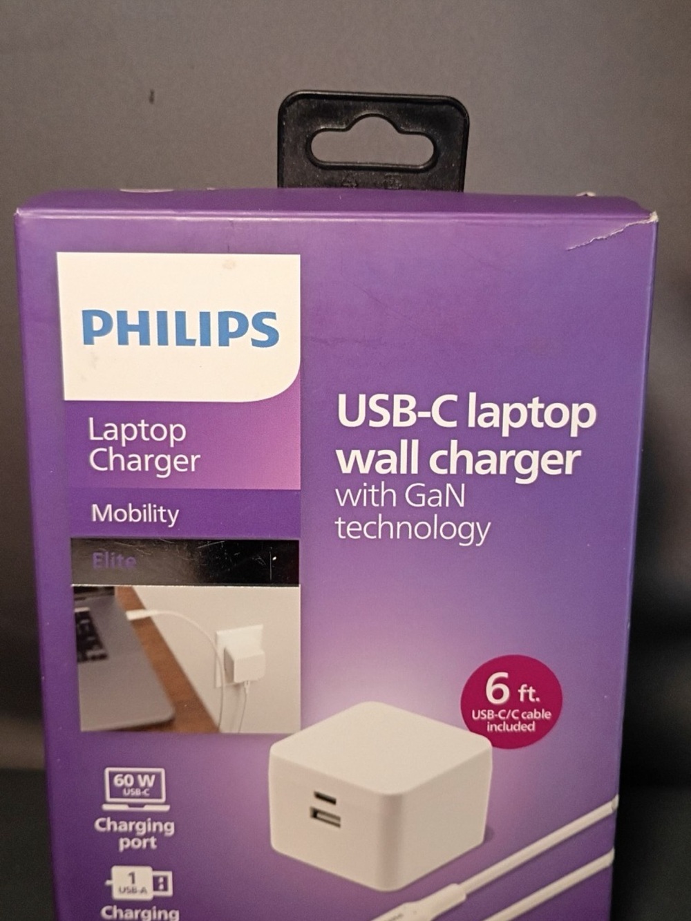 Philips USB-C Laptop Wall Charger in Purple Packaging with White Charger